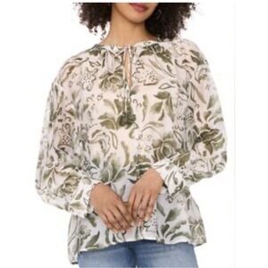 Vince Camuto Women's‎ Transparent Blouse White And Green Floral, Sz S, Oversized